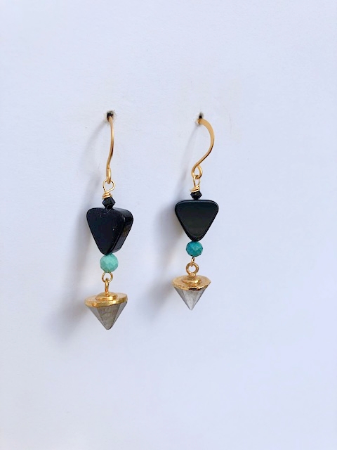 Black Onyx, Labradorite, Turquoise Gold Earring